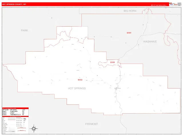 Hot Springs County, WY ZIP Code Wall Map, RedLine style
