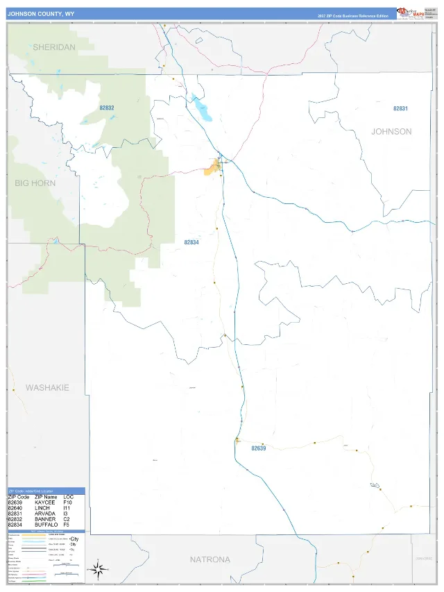 Johnson County, WY ZIP Code Wall Map, Business Reference style