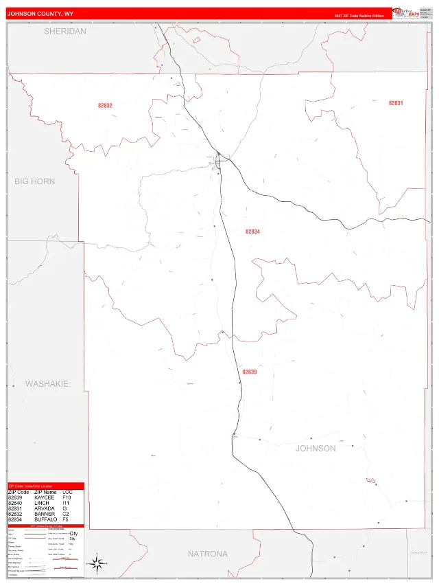 Johnson County, WY ZIP Code Wall Map, RedLine style