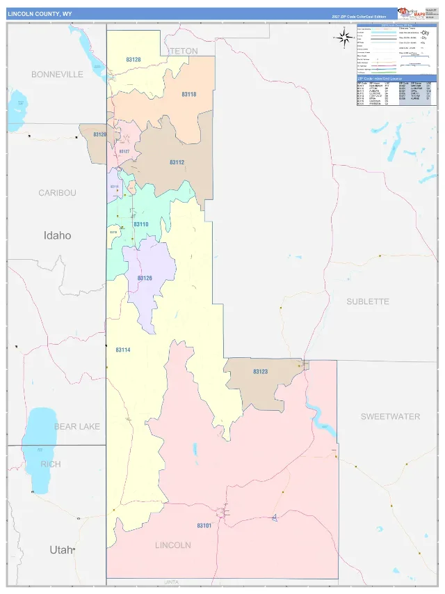 Lincoln County, WY ZIP Code Wall Map, ColorCast style