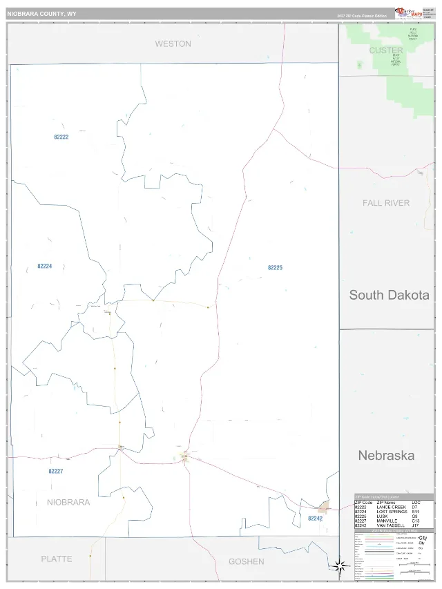 Niobrara County, WY ZIP Code Wall Map, Classic style