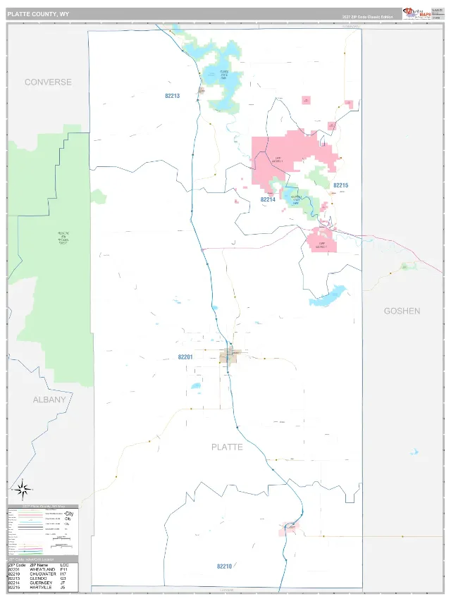 Platte County, WY ZIP Code Wall Map, Classic style