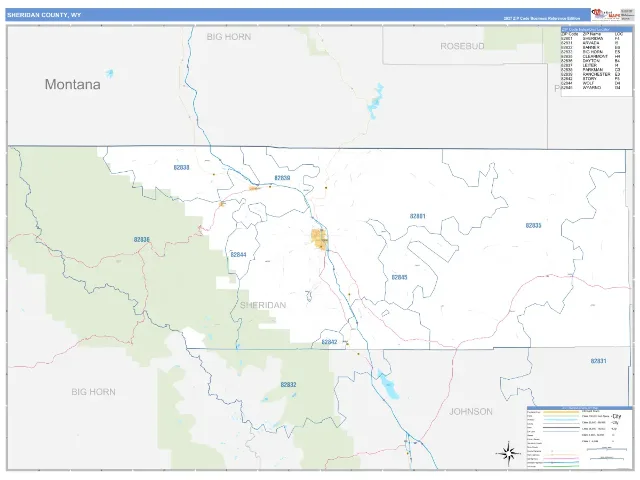 Sheridan County, WY ZIP Code Wall Map, Business Reference style