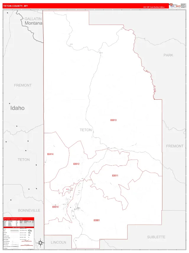 Teton County, WY ZIP Code Wall Map, RedLine style