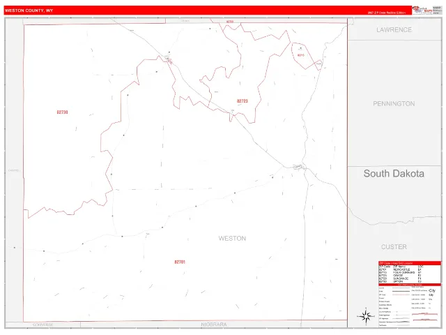 Weston County, WY ZIP Code Wall Map, RedLine style