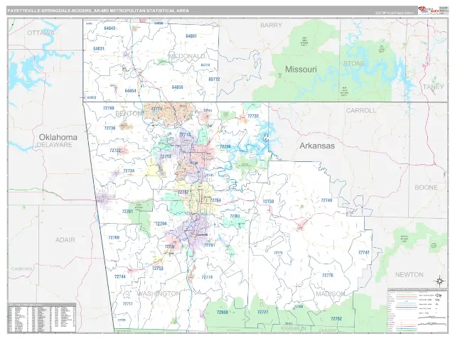 Fayetteville-Springdale-Rogers Metro Area ZIP Code Wall Map, Classic style
