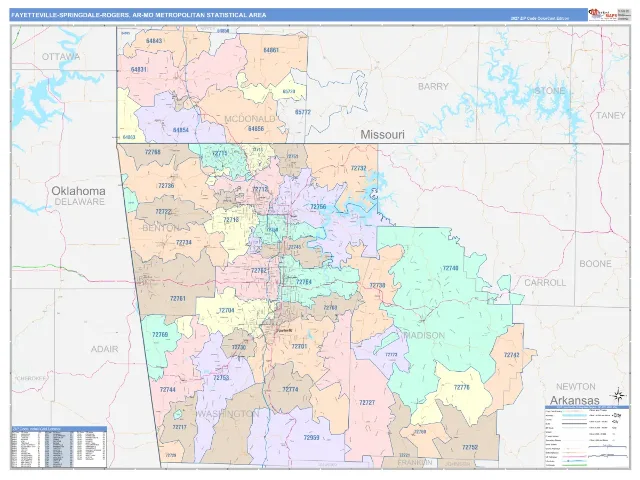 Fayetteville-Springdale-Rogers Metro Area ZIP Code Wall Map, ColorCast style