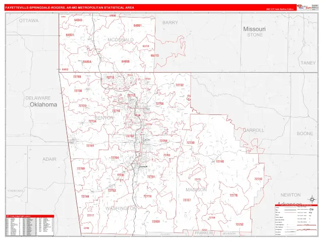Fayetteville-Springdale-Rogers Metro Area ZIP Code Wall Map, RedLine style