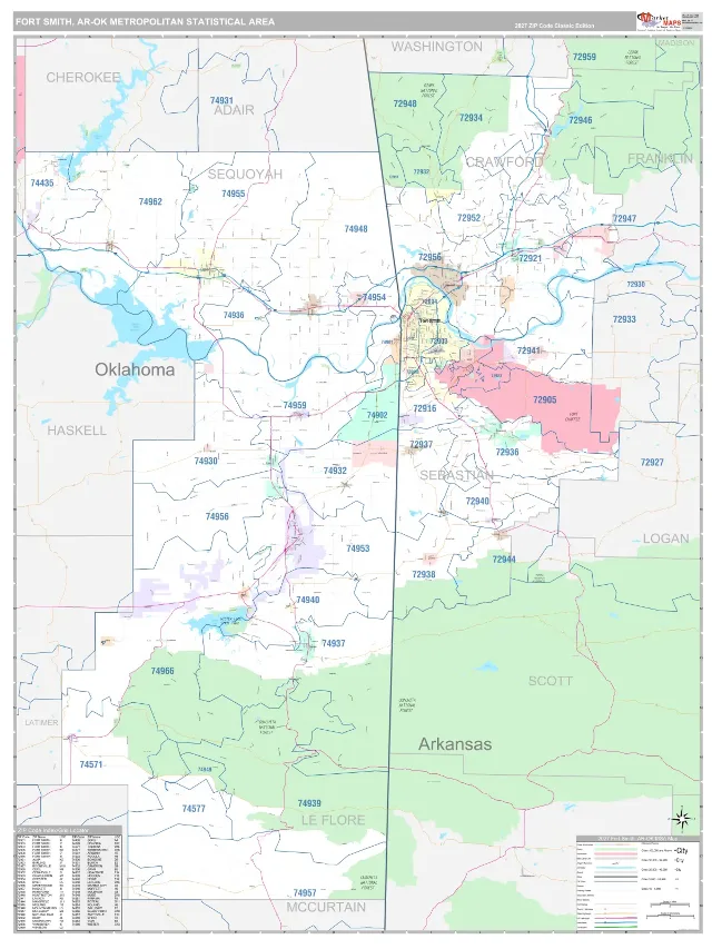 Fort Smith Metro Area ZIP Code Wall Map, Classic style