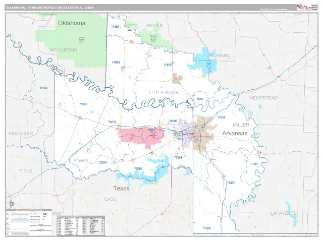 Texarkana Metro Area ZIP Code Wall Map, Classic style
