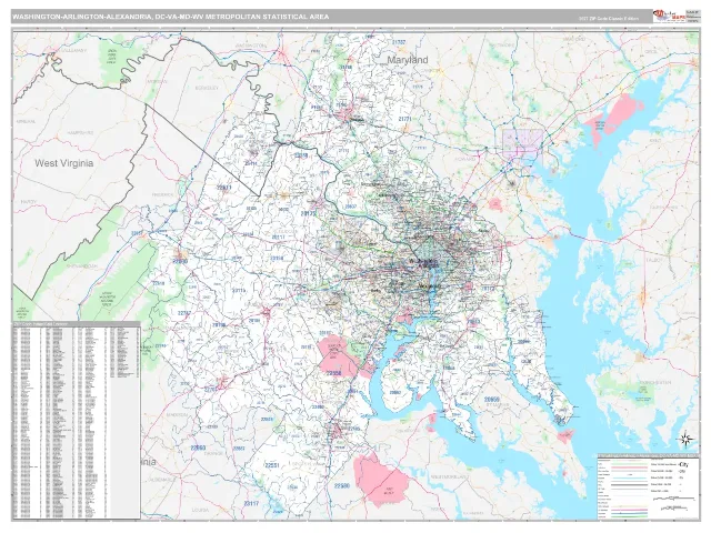 Washington-Arlington-Alexandria Metro Area ZIP Code Wall Map, Classic style