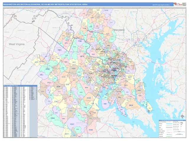 Washington-Arlington-Alexandria Metro Area ZIP Code Wall Map, ColorCast style