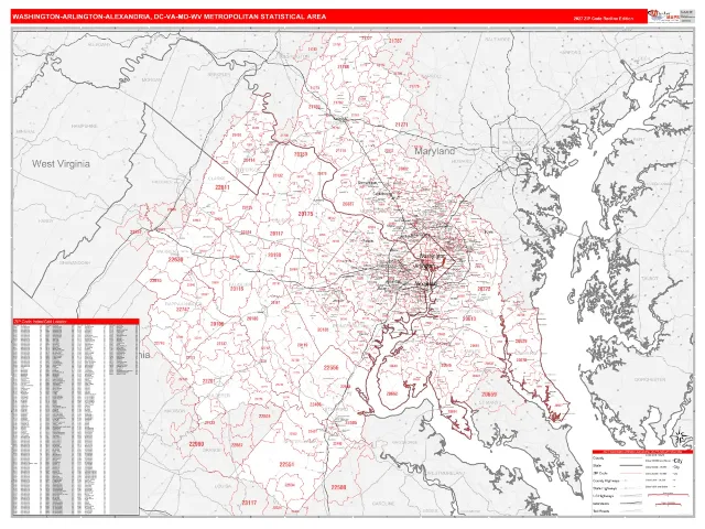 Washington-Arlington-Alexandria Metro Area ZIP Code Wall Map, RedLine style