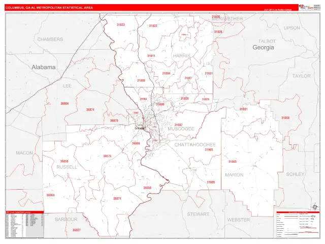 Columbus Metro Area ZIP Code Wall Map, RedLine style