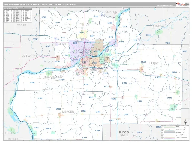 Davenport-Moline-Rock Island Metro Area ZIP Code Wall Map, Classic style
