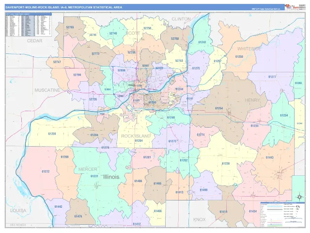 Davenport-Moline-Rock Island Metro Area ZIP Code Wall Map, ColorCast style