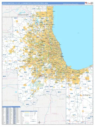 Chicago-Naperville-Elgin Metro Area Business Reference style ZIP Code wall map