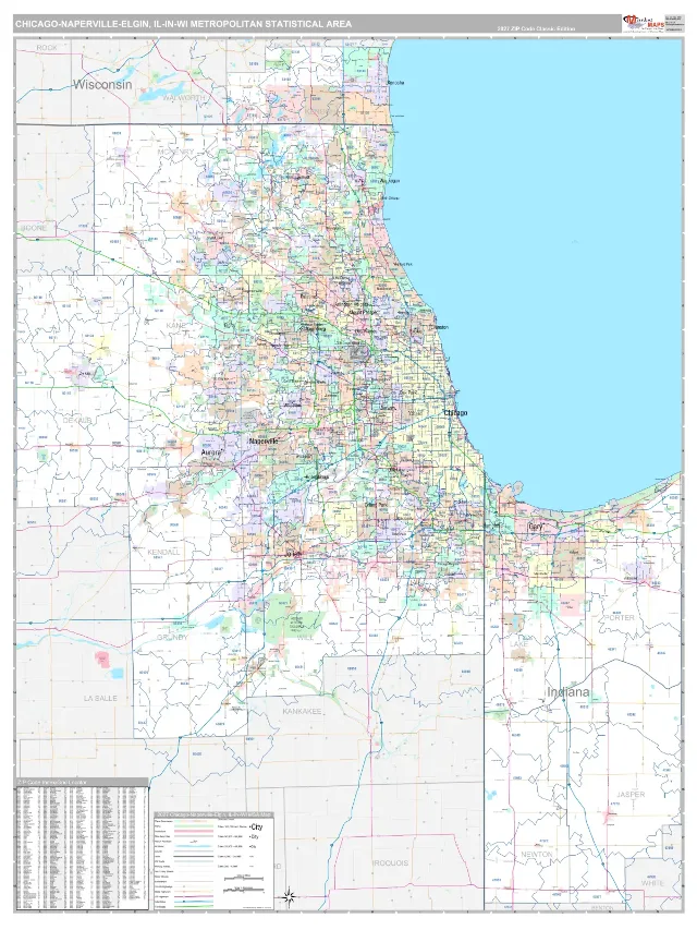 Chicago-Naperville-Elgin Metro Area ZIP Code Wall Map, Classic style