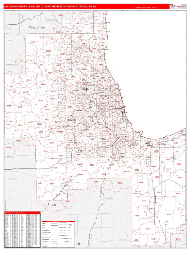 Chicago-Naperville-Elgin Metro Area ZIP Code Wall Map, RedLine style