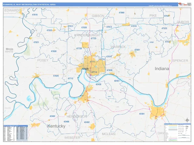 Evansville-Henderson Metro Area ZIP Code Wall Map, Business Reference style