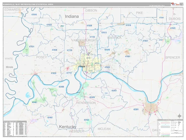 Evansville-Henderson Metro Area ZIP Code Wall Map, Classic style