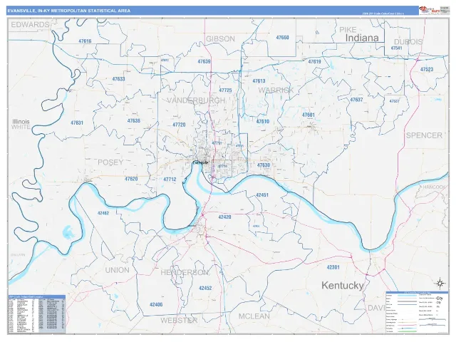 Evansville-Henderson Metro Area ZIP Code Wall Map, ColorCast style