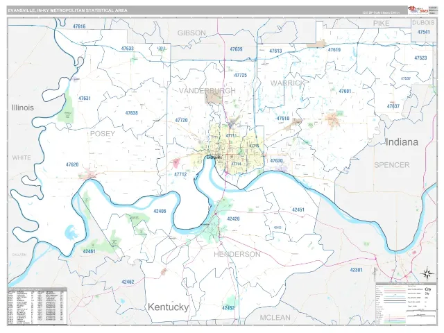 Evansville Metro Area ZIP Code Wall Map, Classic style