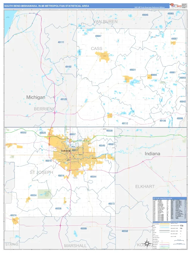 South Bend-Mishawaka Metro Area ZIP Code Wall Map, Business Reference style
