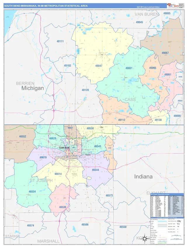 South Bend-Mishawaka Metro Area ZIP Code Wall Map, ColorCast style