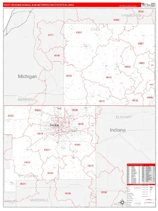 South Bend-Mishawaka Metro Area RedLine style ZIP Code wall map