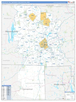 Worcester Metro Area Business Reference style ZIP Code wall map
