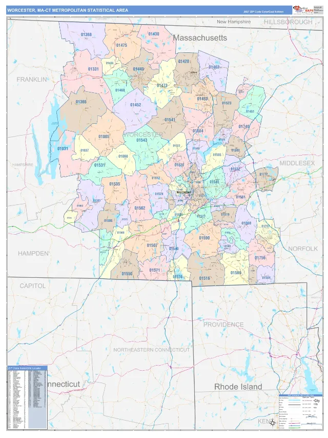 Worcester Metro Area ZIP Code Wall Map, ColorCast style
