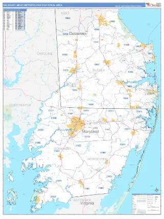 Salisbury Metro Area Business Reference style ZIP Code wall map