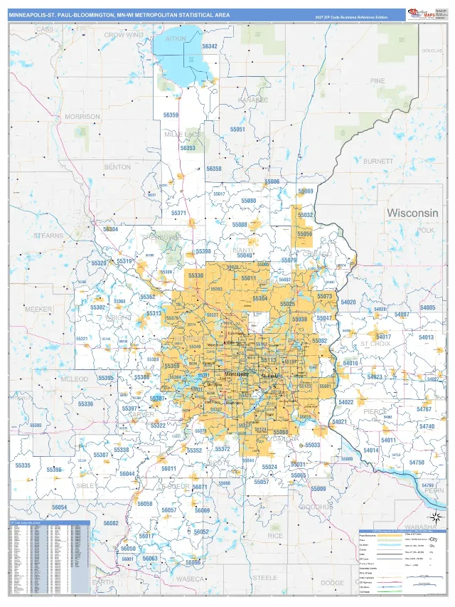Minneapolis-St. Paul-Bloomington Metro Area ZIP Code Wall Map, Business Reference style