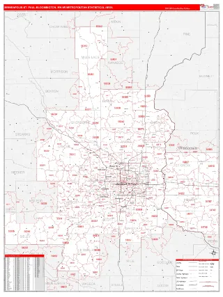 Minneapolis-St. Paul-Bloomington Metro Area RedLine style ZIP Code wall map