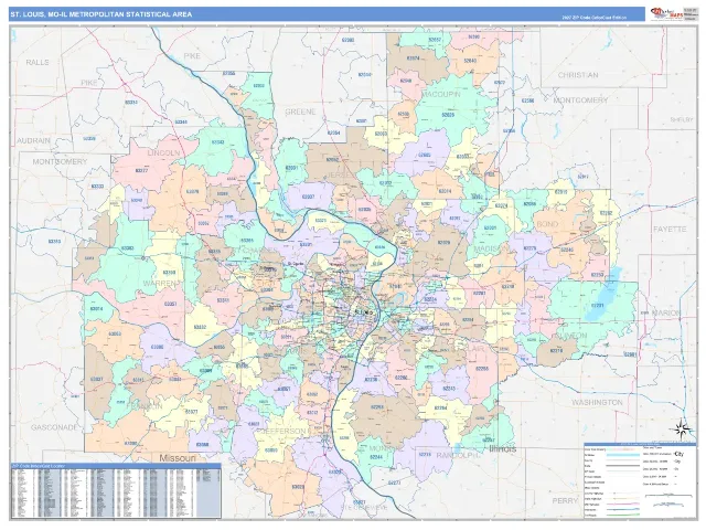 St. Louis Metro Area ZIP Code Wall Map, ColorCast style