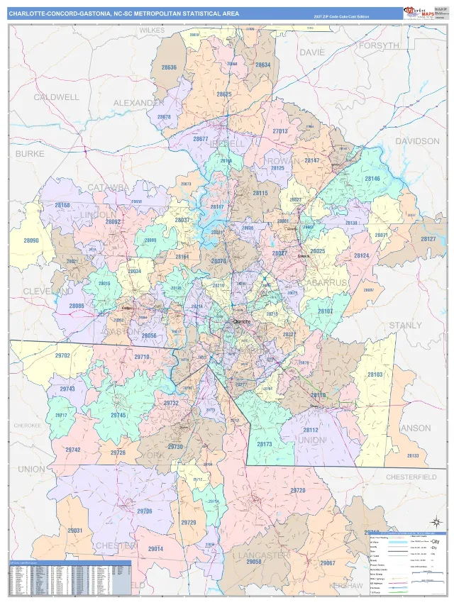 Charlotte-Concord-Gastonia Metro Area ZIP Code Wall Map, ColorCast style