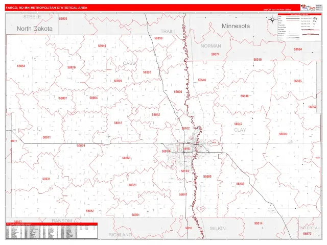Fargo Metro Area ZIP Code Wall Map, RedLine style