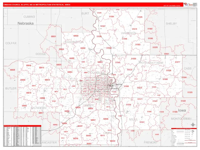 Omaha-Council Bluffs Metro Area ZIP Code Wall Map, RedLine style