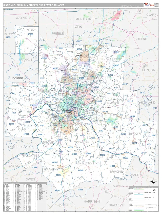 Cincinnati Metro Area ZIP Code Wall Map, Classic style