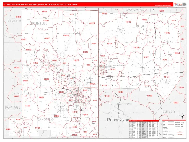 Youngstown-Warren-Boardman Metro Area ZIP Code Wall Map, RedLine style