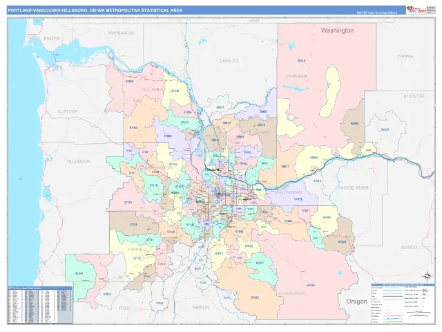 Portland-Vancouver-Hillsboro Metro Area ZIP Code Wall Map, ColorCast style