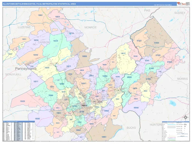 Allentown-Bethlehem-Easton Metro Area ZIP Code Wall Map, ColorCast style