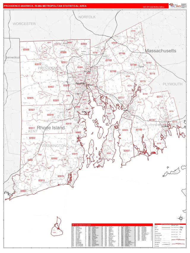 Providence-Warwick Metro Area ZIP Code Wall Map, RedLine style