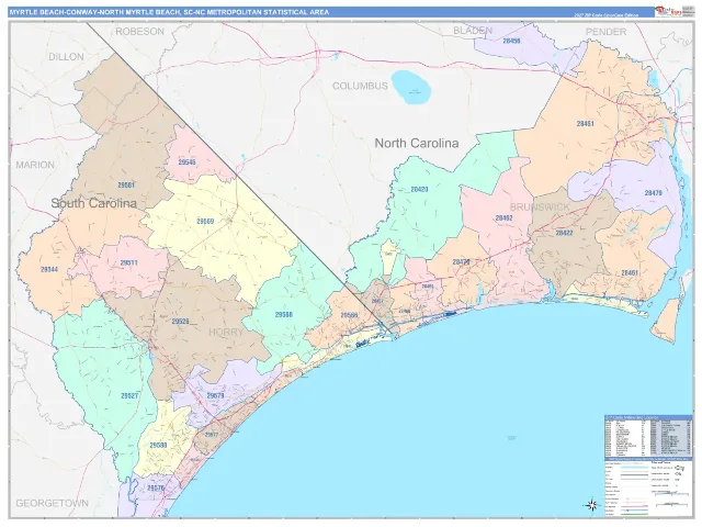 Myrtle Beach-Conway-North Myrtle Beach Metro Area ZIP Code Wall Map, ColorCast style