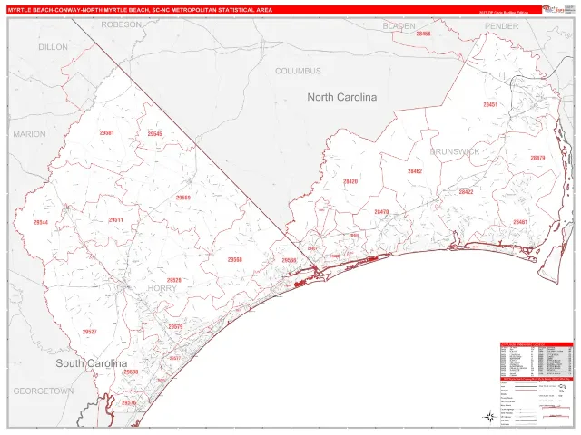 Myrtle Beach-Conway-North Myrtle Beach Metro Area ZIP Code Wall Map, RedLine style
