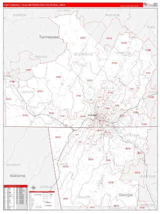 Chattanooga Metro Area RedLine style ZIP Code wall map