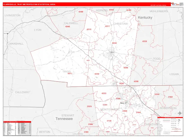 Clarksville Metro Area ZIP Code Wall Map, RedLine style