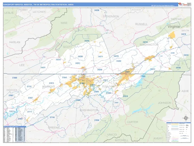 Kingsport-Bristol-Bristol Metro Area ZIP Code Wall Map, Business Reference style