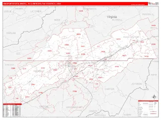 Kingsport-Bristol-Bristol Metro Area RedLine style ZIP Code wall map